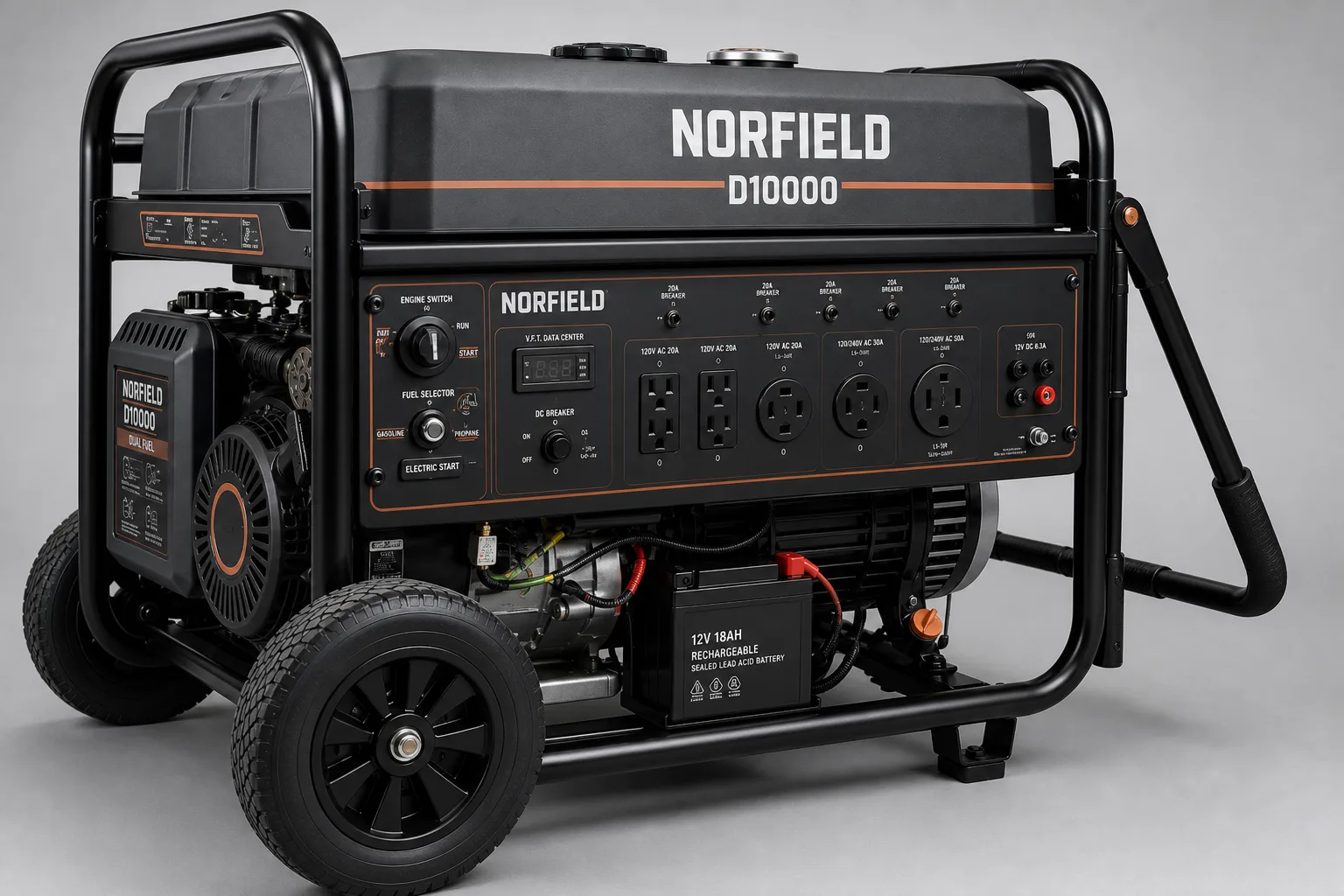 Norfield D10000 control panel with gasoline/propane selector, V.F.T. display, 50-amp outlet, and 12V battery