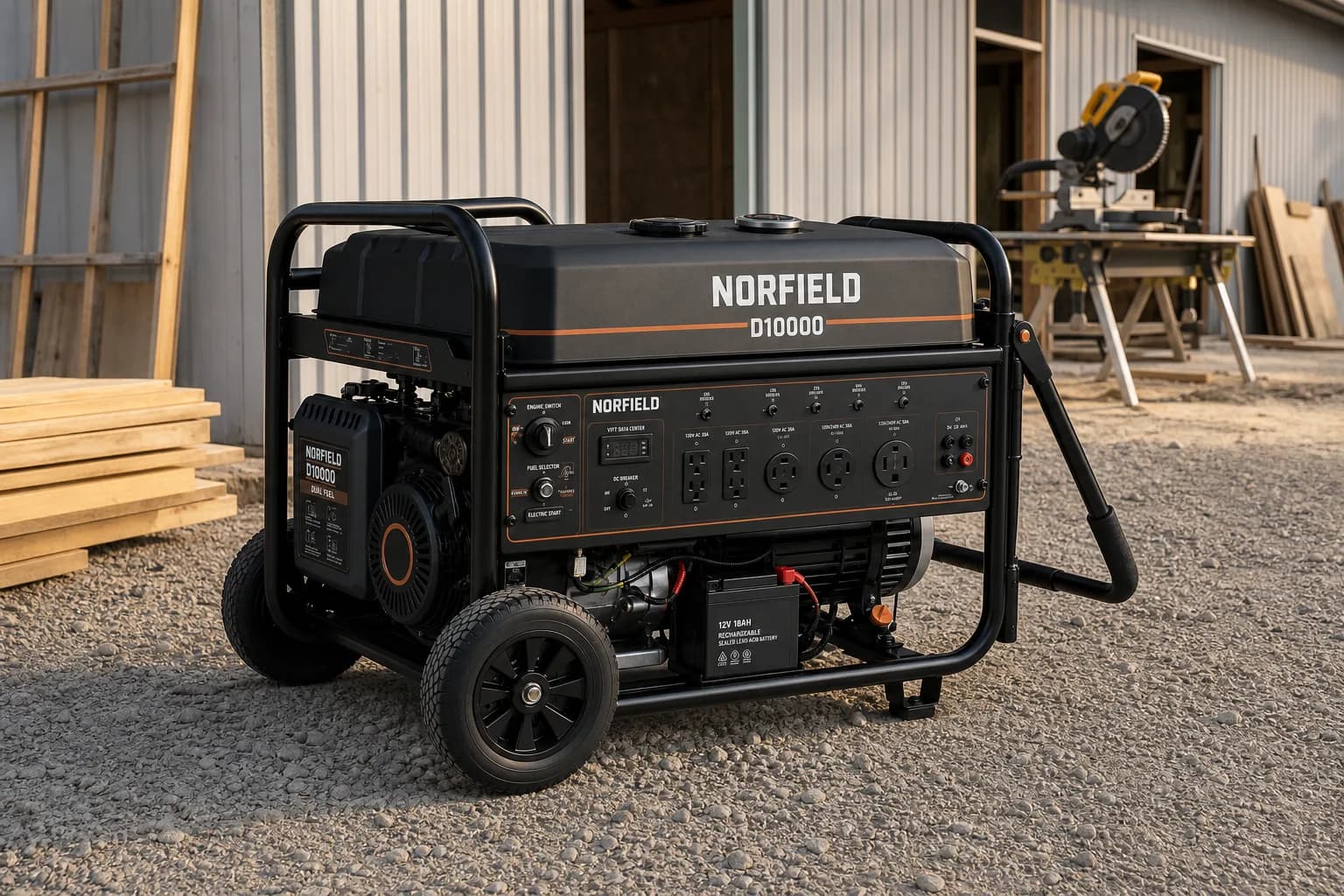 Norfield D10000 dual-fuel generator outdoors at an American workshop job site on gravel