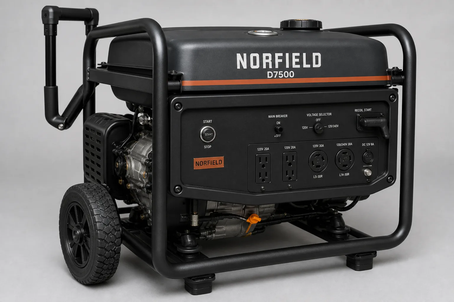 Norfield D7500 control panel with 120V duplex outlets, L5-30R, L14-30R, voltage selector, start/stop, and recoil handle