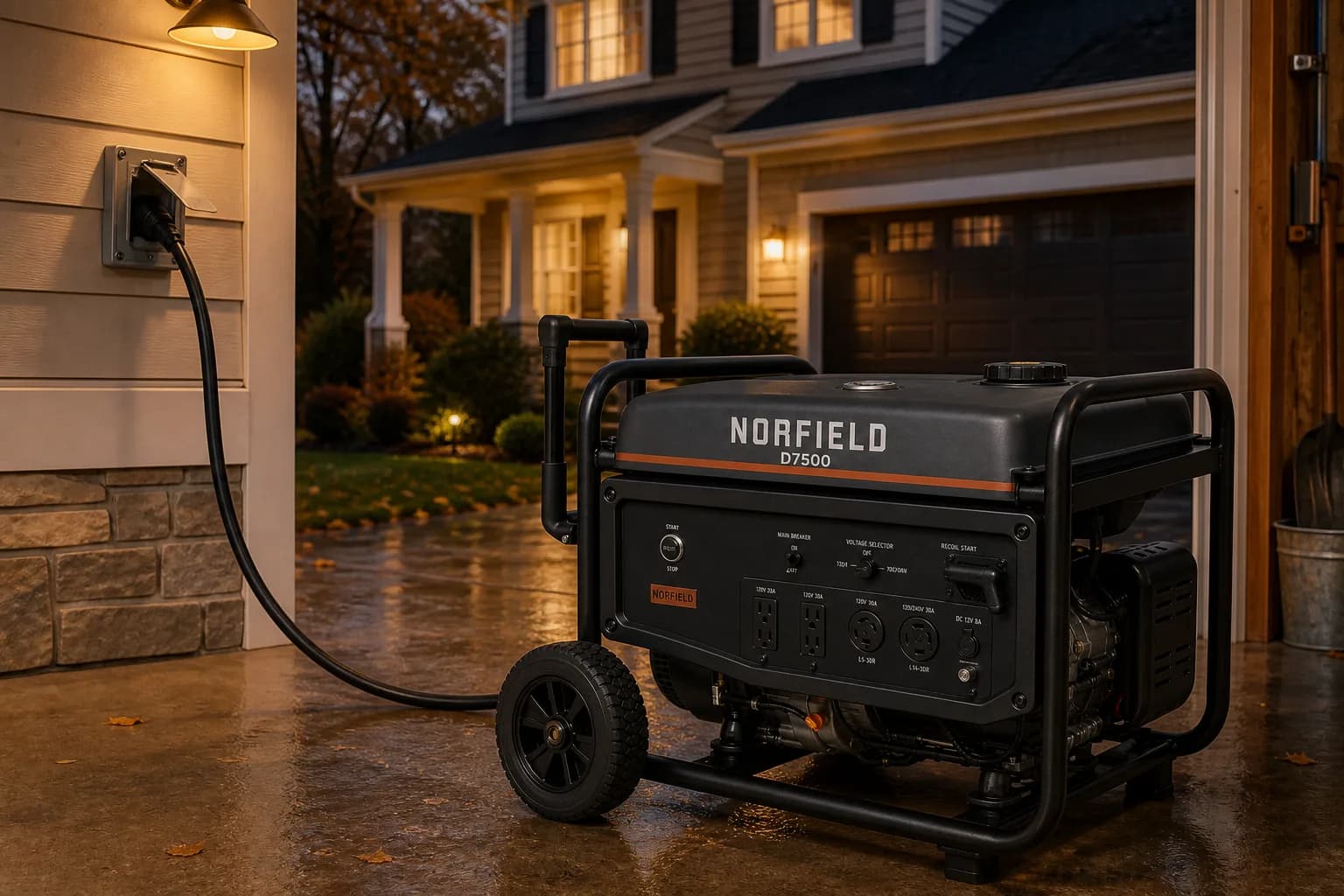 Norfield D7500 generator on a suburban driveway at dusk, connected outdoors to a home power inlet