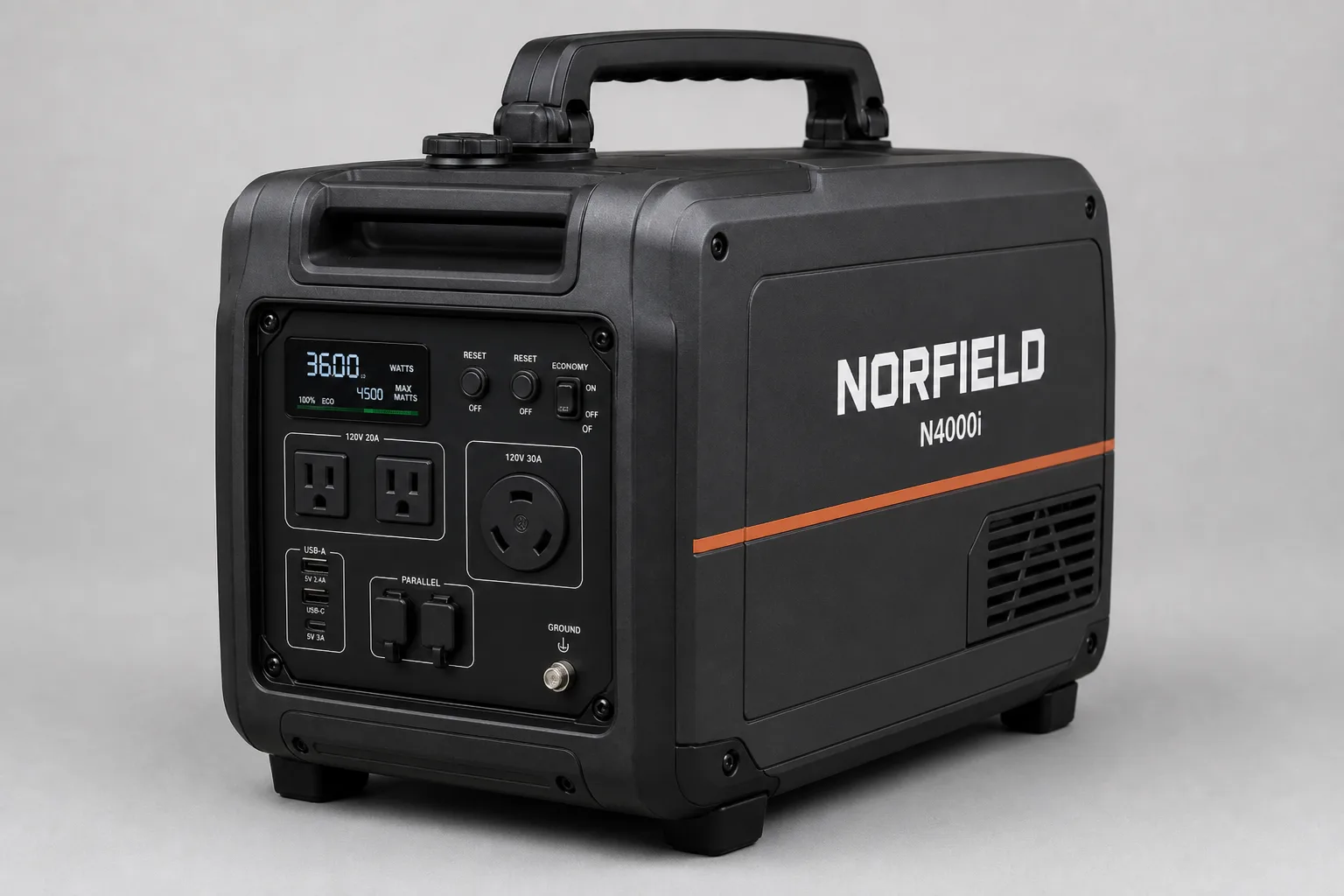 Norfield N4000i control panel showing 3,600W display, 120V outlets, 30A twist-lock, USB ports, and parallel connectors