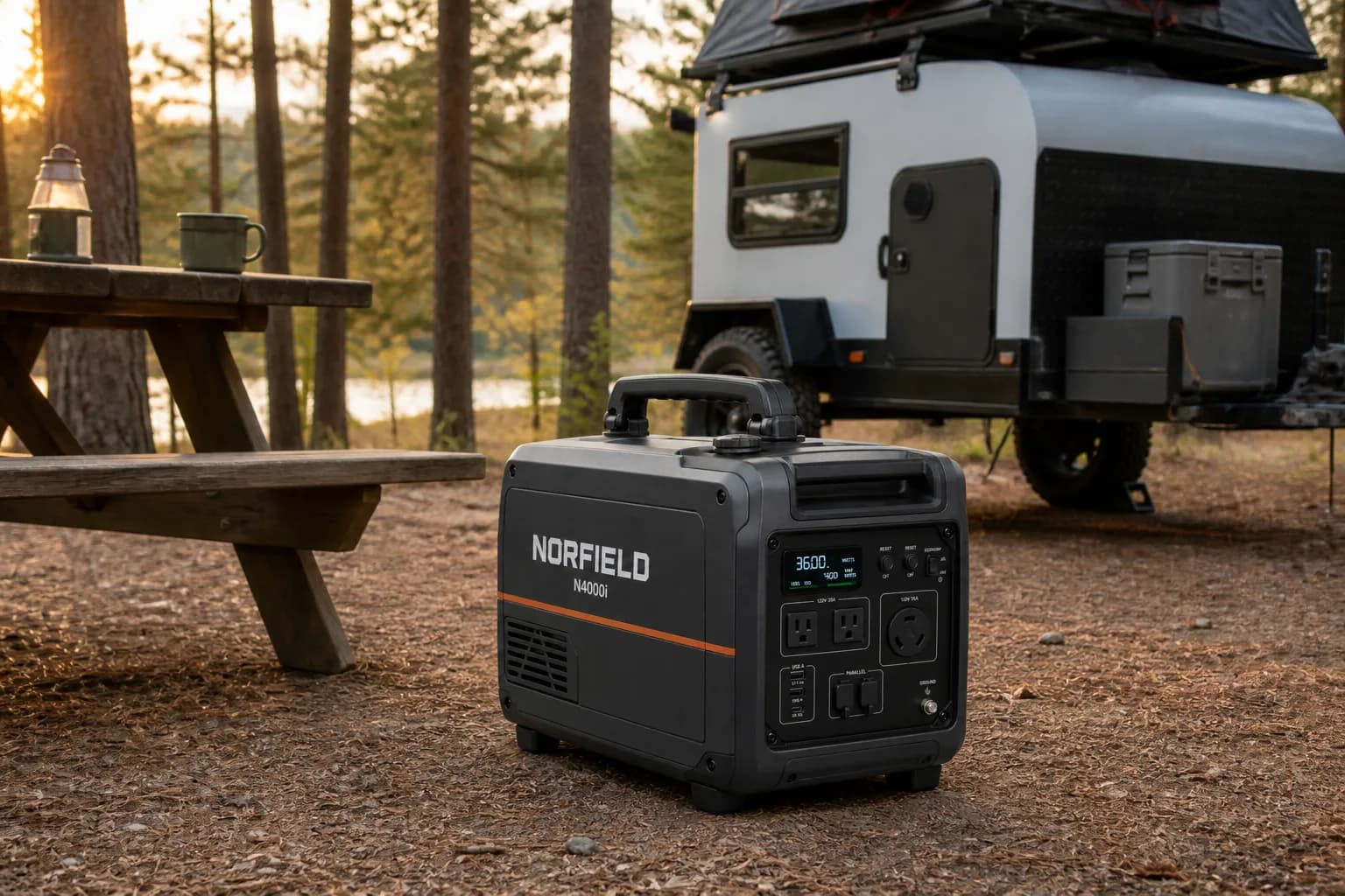 Norfield N4000i inverter generator outdoors at a wooded American campsite beside a travel trailer