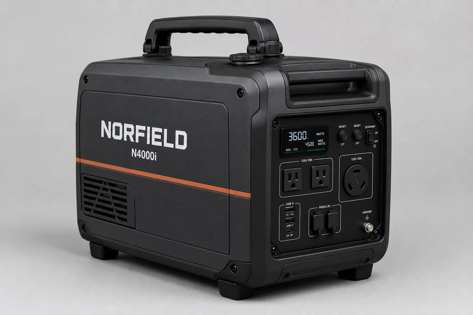 Norfield N4000i inverter generator, studio three-quarter view in graphite with copper stripe