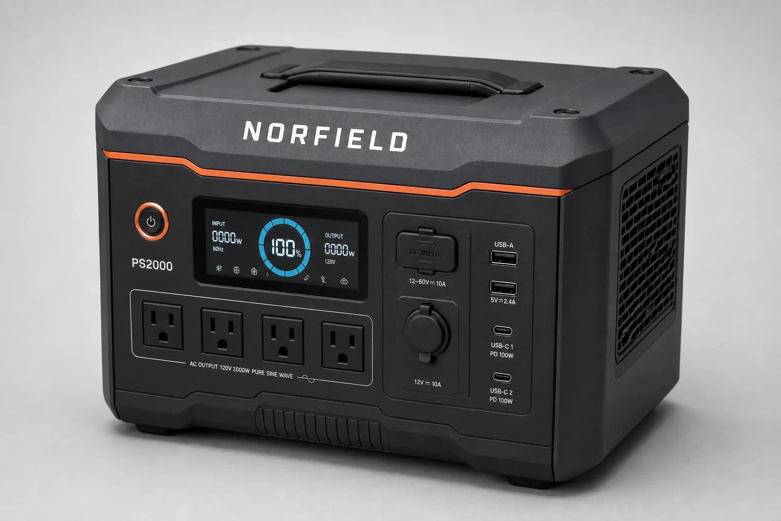 Norfield PS2000 front panel with LCD, four 120V outlets, USB-C PD 100W, and 12V ports