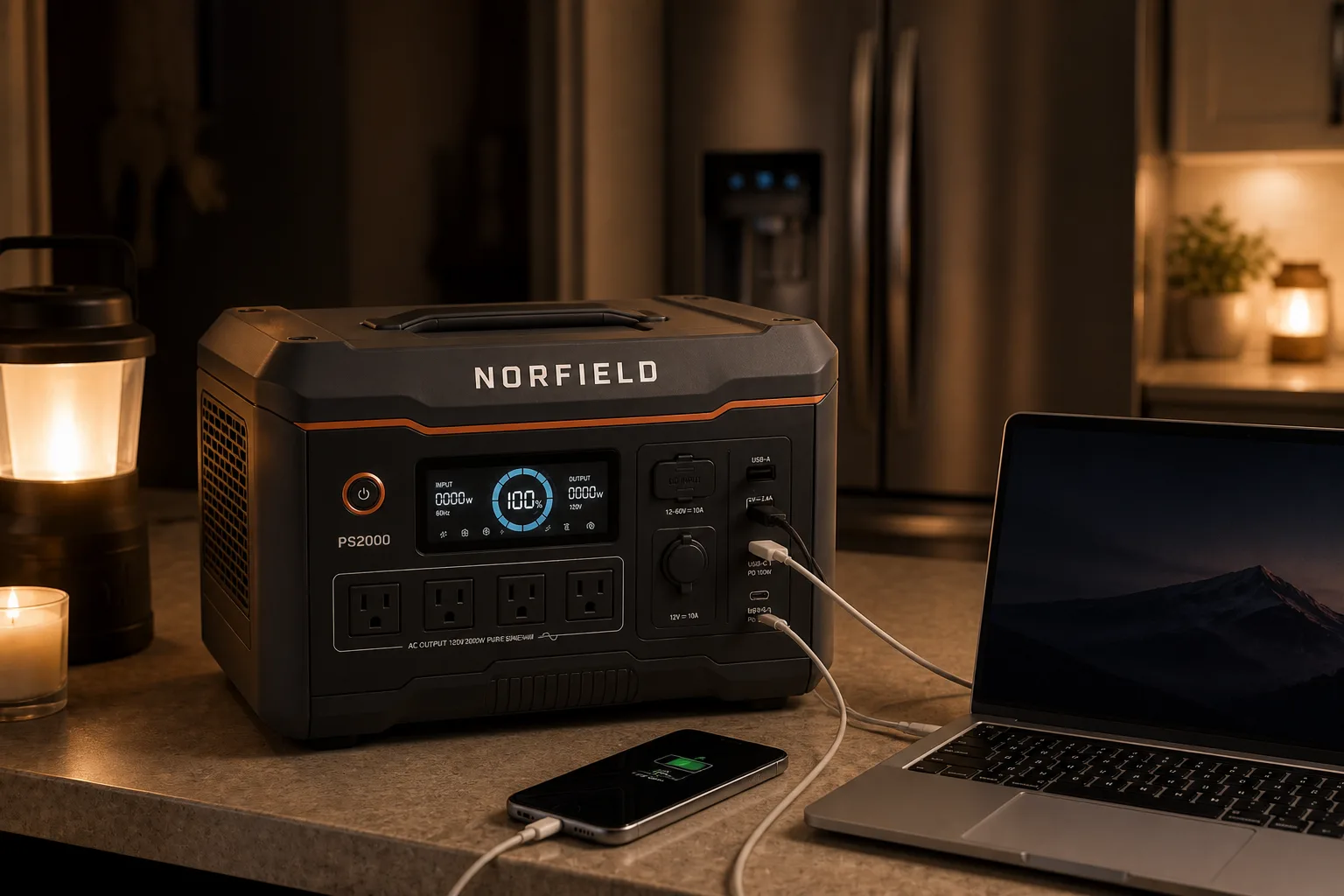 Norfield PS2000 power station on a kitchen counter during a home outage, charging a laptop and phone