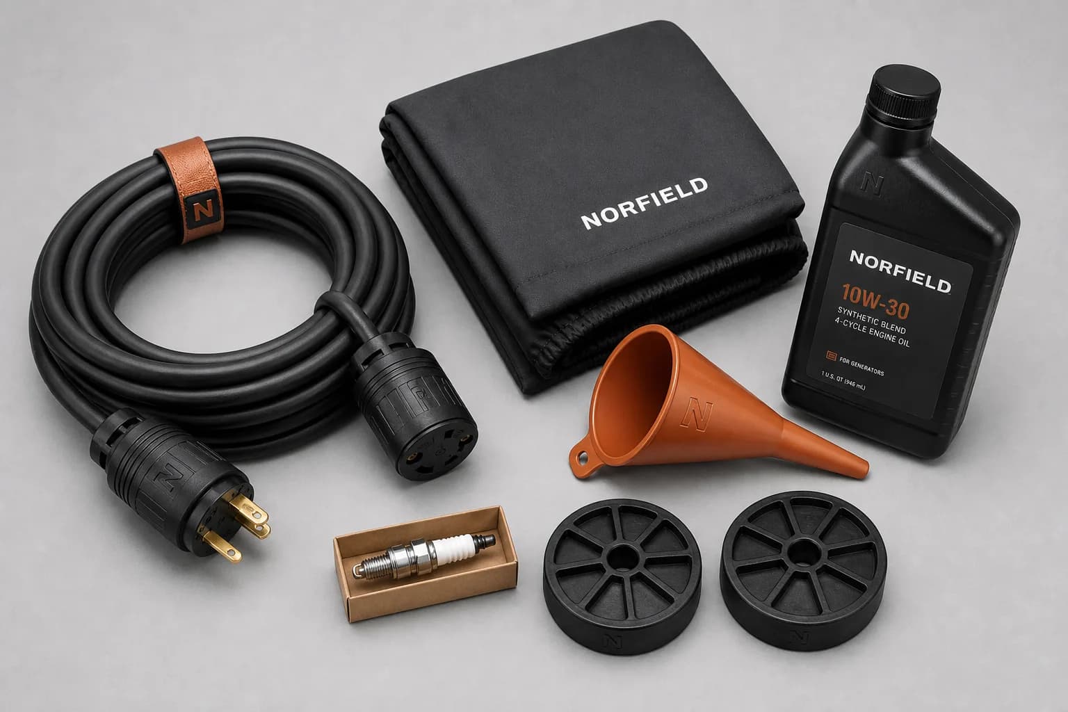 Overhead view of the same Norfield Ready Kit contents including L14-30 cord, oil, cover, funnel, spark plug, and pads
